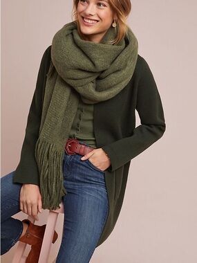 Anthropologie Olive Green Fringe Scarf